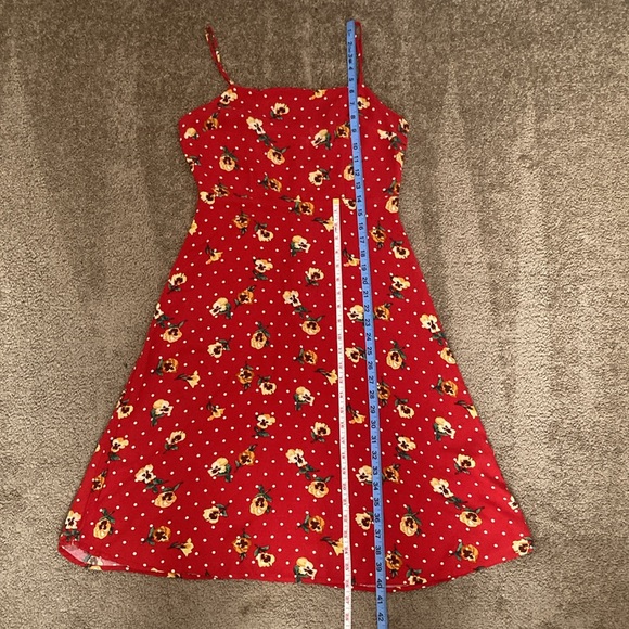 Forever 21 red w/ yellow floral & white dots details midi summer dress, medium - Picture 9 of 15